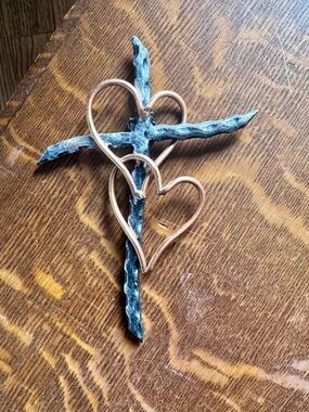 Rustic Cross Wall Art with Double Hearts - Copper and Patina